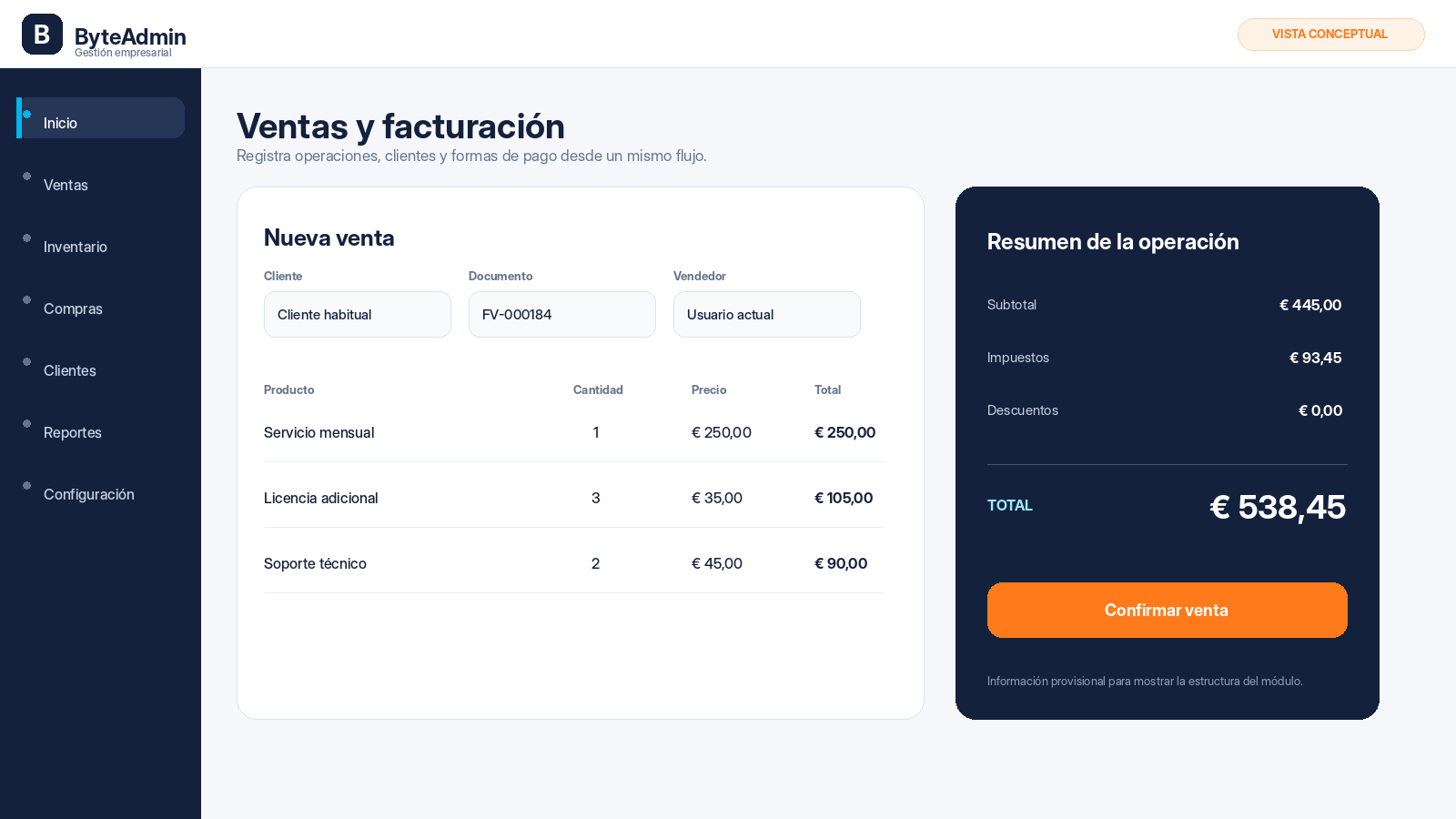 Representación conceptual del módulo de ventas de ByteAdmin.
