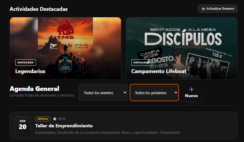 Agenda general de NexChurch con banners destacados y eventos programados.