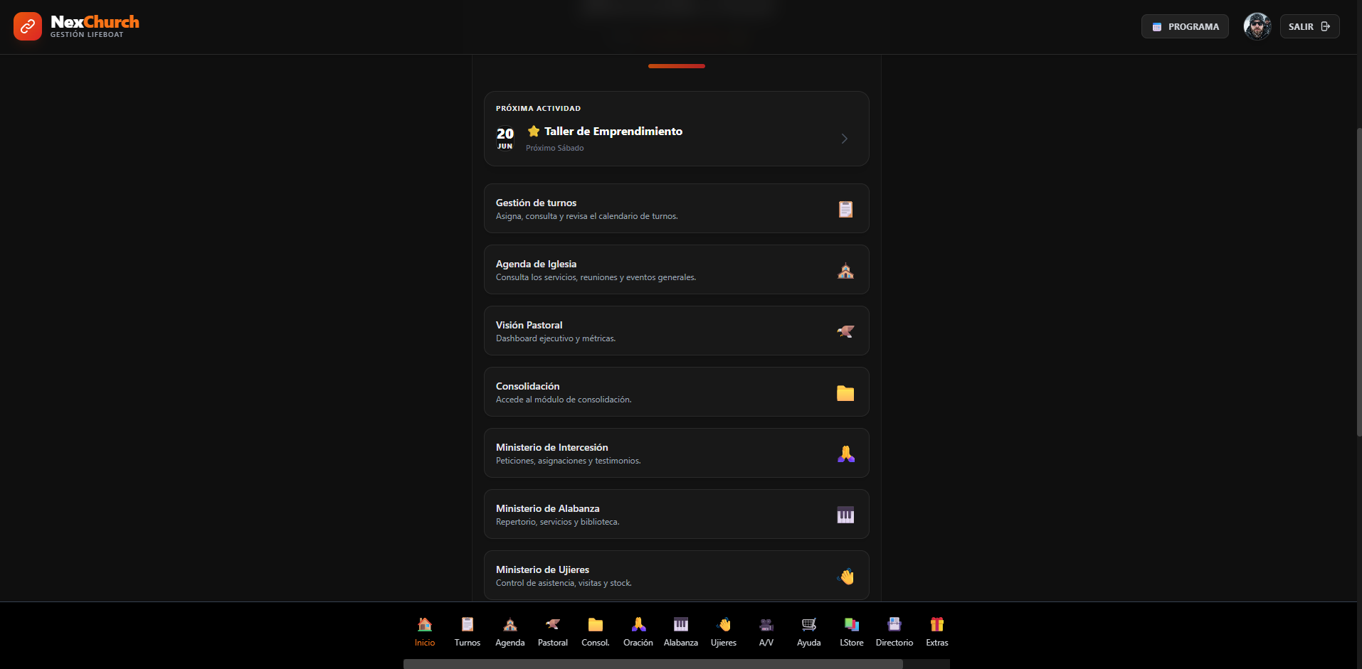 Pantalla de inicio de NexChurch con módulos y accesos directos.