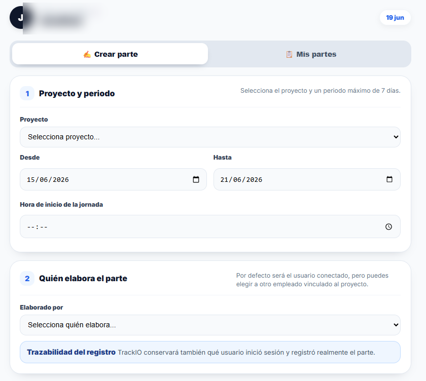Formulario de creación de un parte de trabajo en Trackio24.
