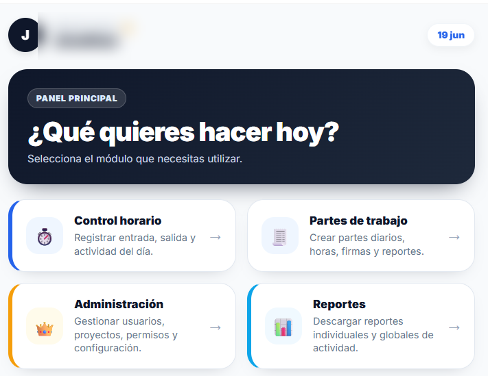 Pantalla principal de Trackio24 con acceso a control horario, partes, administración y reportes.